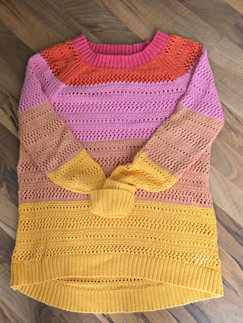 Talbots Open-Knit Colorblock Crewneck Sweater - Pink, Orange, Yellow, Tan Sz S